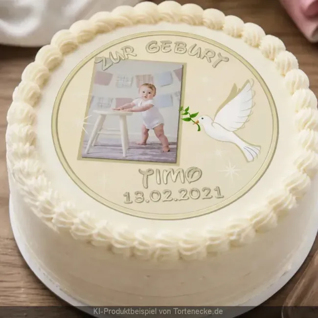 Elegante Babytorte zur Geburt dekoriert mit essbarem runden Foto Zuckerbild mit weißer Taube
